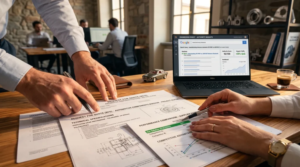 Siti Web Italia 2 Professionisti analizzano documenti tecnici e dati di posizionamento SEO durante una consulenza aziendale