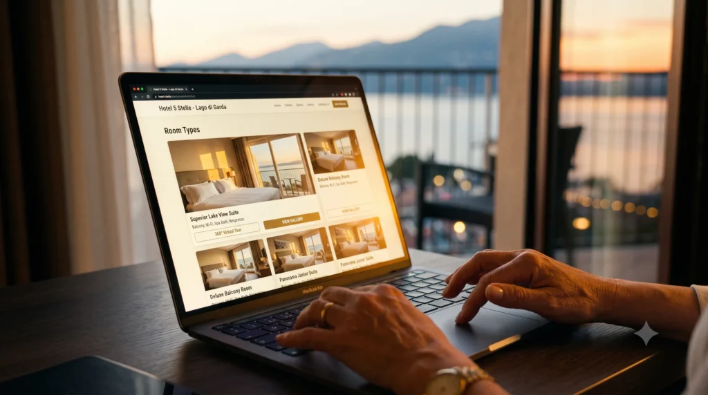 Siti Web Italia 3 Laptop che mostra il sito web di un hotel sul Lago di Garda con sezioni dedicate alle tipologie di camere