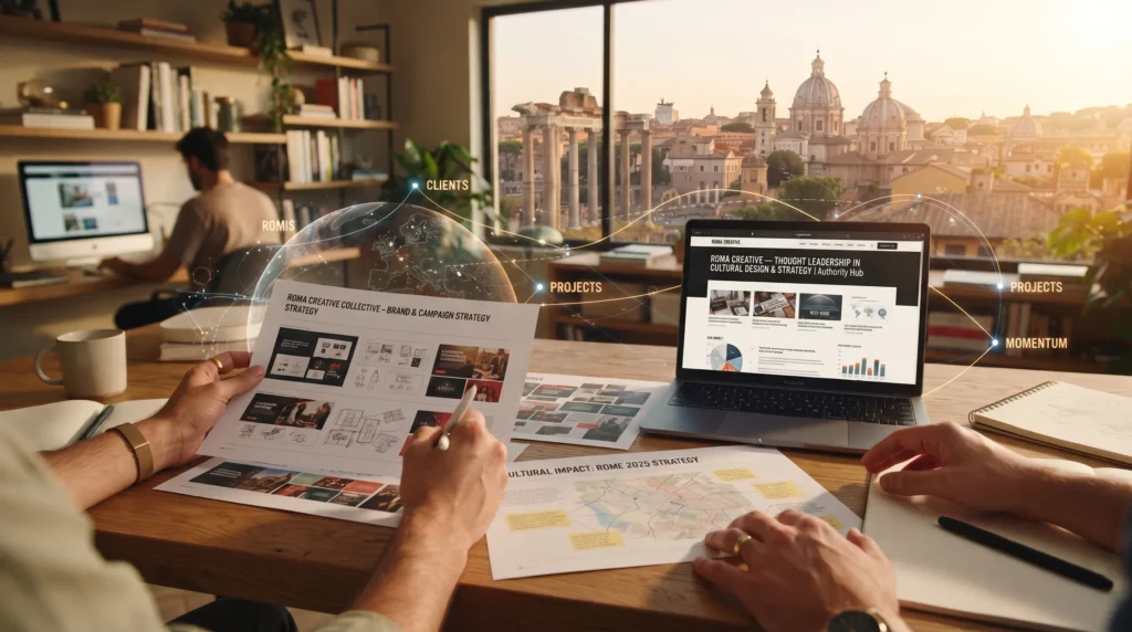 Professionisti al lavoro su strategie digitali in un ufficio con vista su Roma e grafiche di connessione globale
