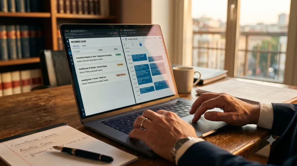 Marketing per Avvocati 1 Laptop in uno studio legale con una dashboard di nuovi lead e un calendario Google pieno di appuntamenti