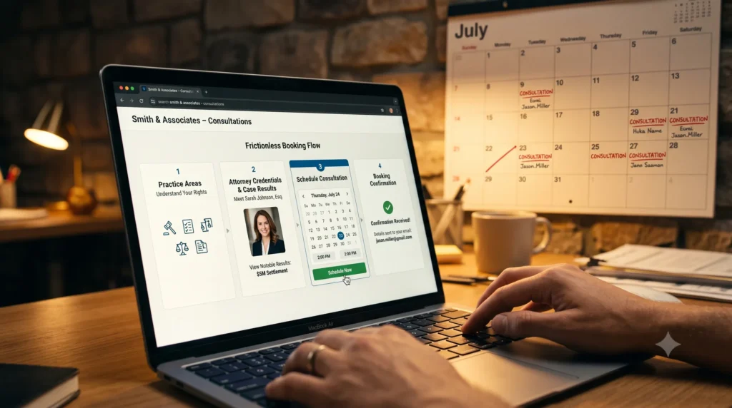 Marketing per Avvocati 2 Laptop che mostra un sistema di prenotazione online semplificato in quattro passaggi per uno studio legale