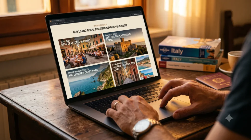 Persona al laptop che consulta una guida digitale su Loano con consigli su ristoranti e attrazioni locali