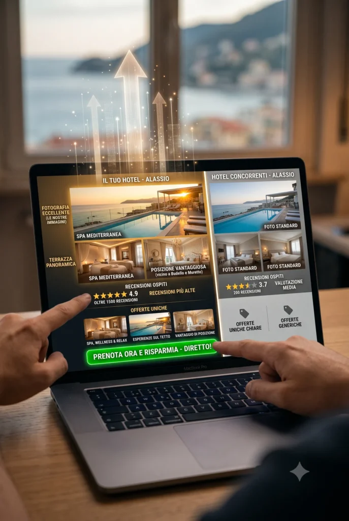 Siti Web Italia 1 Confronto tra un sito hotel ottimizzato con foto di qualità e recensioni alte rispetto a un sito concorrente standard