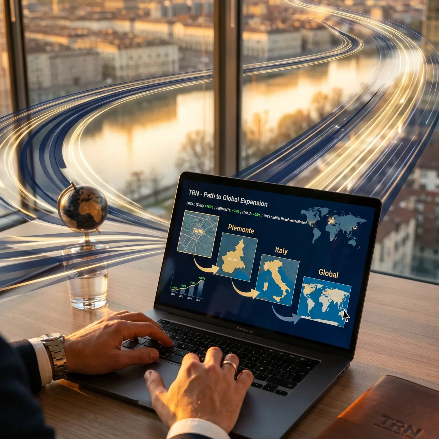 Laptop con un grafico di espansione digitale da Torino al mercato globale, circondato da scie luminose di dati