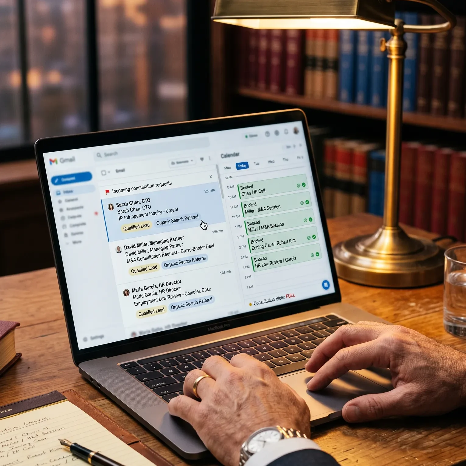 Marketing per Avvocati 3 Laptop con richieste di consulenza da ricerca organica e un calendario pieno di appuntamenti legali